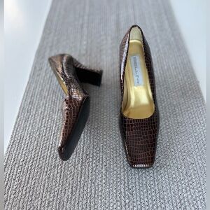 Vintage Bellini Brown Crocodile Leather Square Toe Block Heel Dress Shoes Size 8